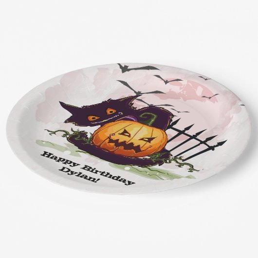 Black Cat en Jack o' Lantern Halloween Papieren Bordje (Gekanteld)