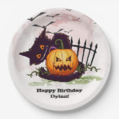 Black Cat en Jack o' Lantern Halloween Papieren Bordje (Voorkant)