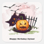 Black Cat en Jack o' Lantern Halloween Vierkante Sticker (Voorkant)