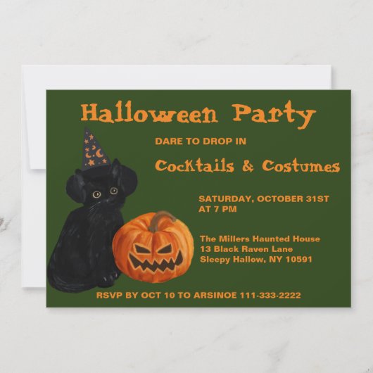 Black Cat en Jack O Lantern Party Invitation Kaart (Voorkant)