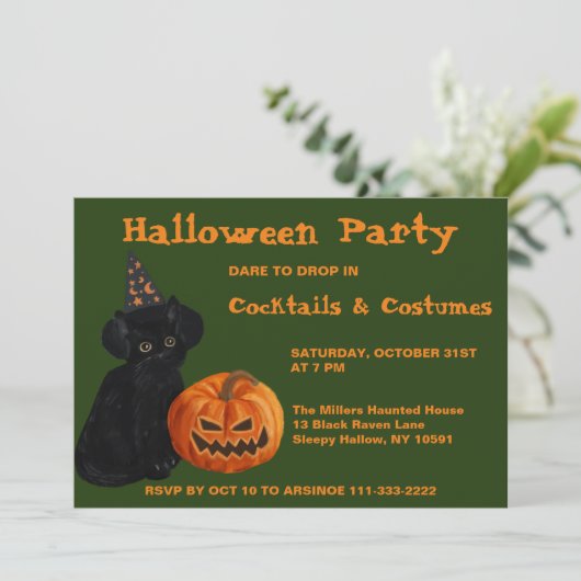 Black Cat en Jack O Lantern Party Invitation Kaart (Staand voorkant)