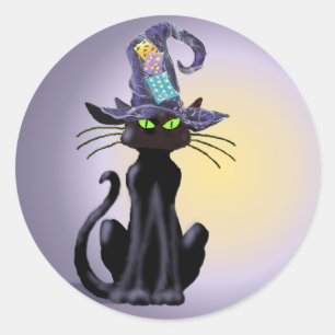 BLACK CAT EN PET VAN SHARON SHARPE RONDE STICKER