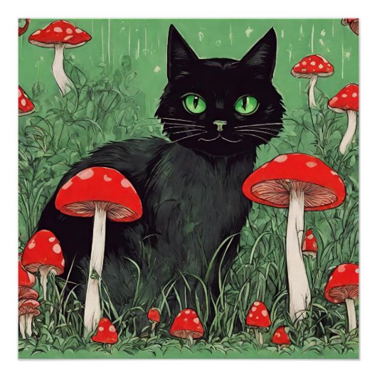 Black Cat en Wild Red Mushrooms Natuur Perfect Poster (Voorkant)