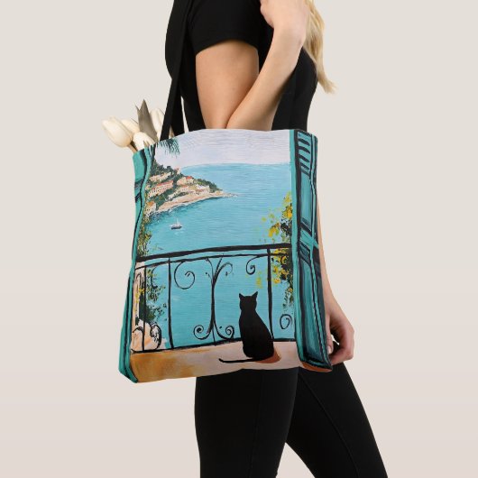 Black Cat Enjoying the Beautiful Sea Tote Bag (Dichtbij)