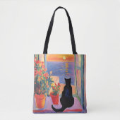 Black cat enjoying the sea view tote bag (Voorkant)