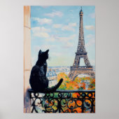 Black cat enjoying the view of the Eiffel Tower Poster (Voorkant)