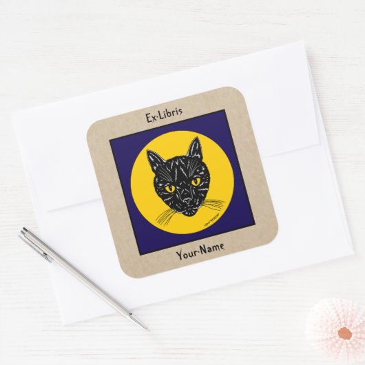 Black Cat Face Bookplate Vierkante Sticker (Envelop)