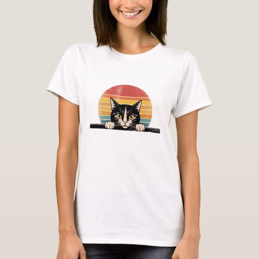 Black Cat Face  Retro T-shirt (Voorkant)