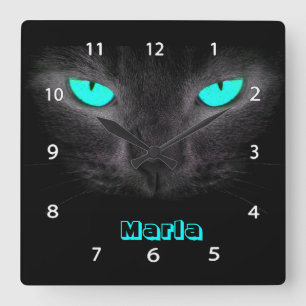 Black Cat Face Turquoise Eyes Wall klok