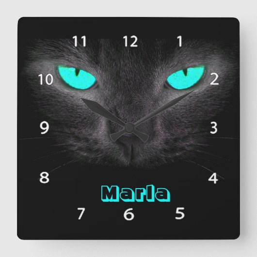 Black Cat Face Turquoise Eyes Wall klok (Voorkant)