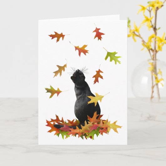 Black Cat Falling Leaves Card Kaart (Gele Bloem)