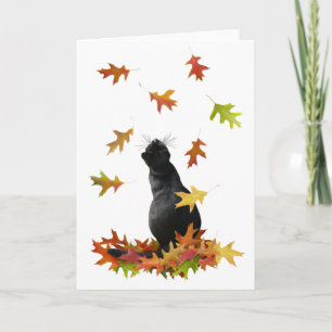 Black Cat Falling Leaves Card Kaart
