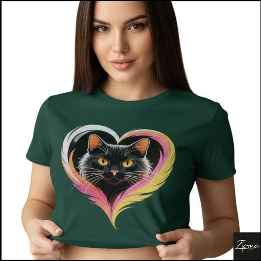 Black Cat Feather Heart Neon Pop Art T-shirt