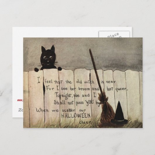 Black Cat Fence Witch's Broom Pet Briefkaart (Voorkant / Achterkant)