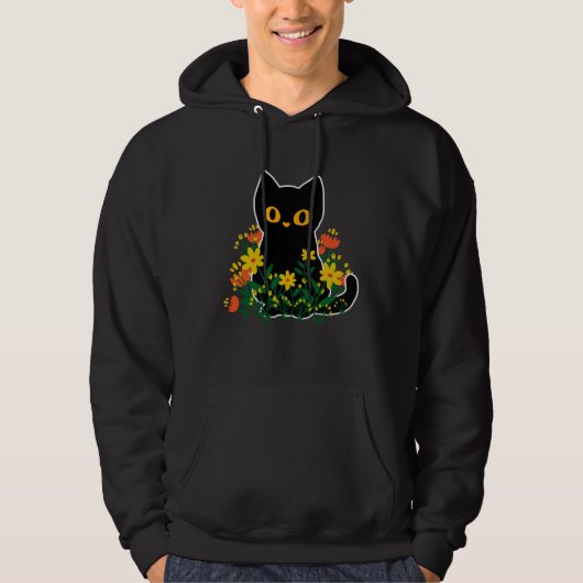 Black Cat Flower Feline Meow Blossom Kitten Owner Hoodie (Voorkant)
