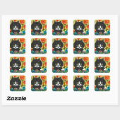 Black Cat Flowers Creationarts Square Sticker (Vel)
