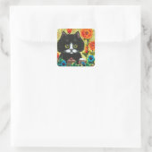 Black Cat Flowers Creationarts Square Sticker (Tas)