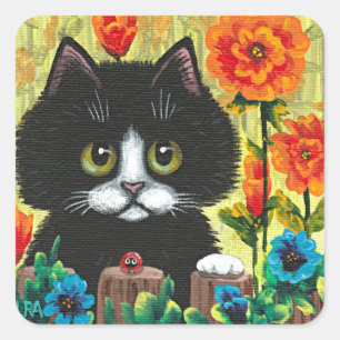 Black Cat Flowers Creationarts Square Sticker