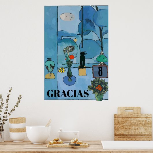 Black Cat & Flowers In Blue Room, add text Poster (Keuken)