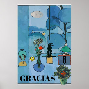 Black Cat & Flowers In Blue Room, add text Poster