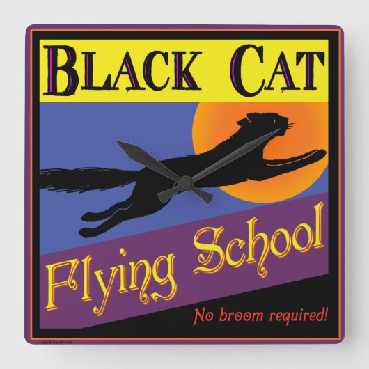Black Cat Flying School Halloween-klok Vierkante Klok (Voorkant)