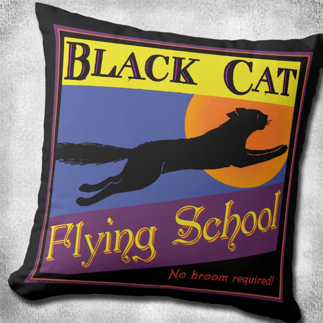 Black Cat Flying School Retro 16" Kussen (Black Cat Flying School Retro 16" Throw Pillow)