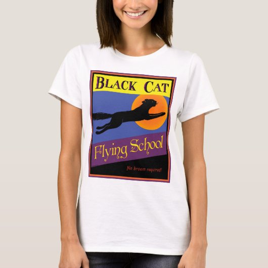 Black Cat Flying School Retro Halloween T-shirt (Voorkant)