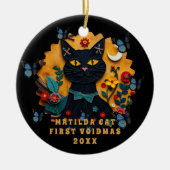 Black Cat Folk Art First Voidmas Ceramic Ornament (Voorkant)