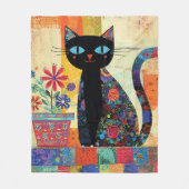 Black Cat Folk Art Fleece Deken (Voorkant)