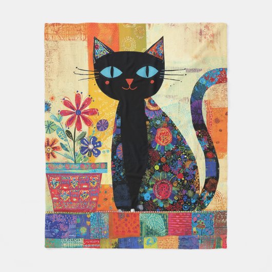Black Cat Folk Art Fleece Deken (Voorkant)