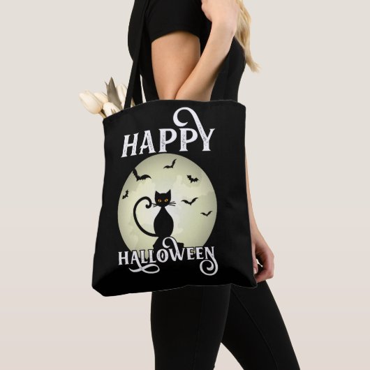 Black Cat Full Moon Bats Happy Halloween Tote Bag (Dichtbij)