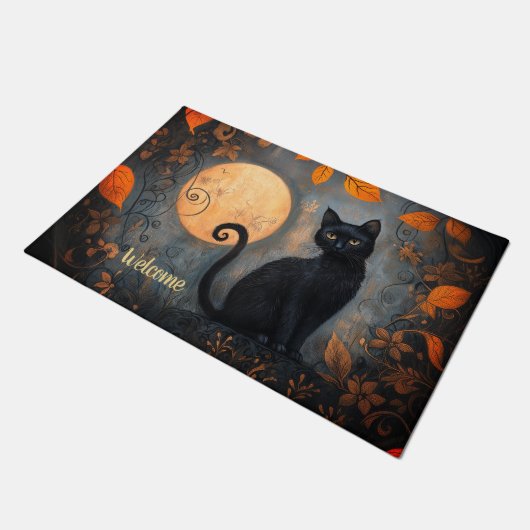 Black Cat Full Moon  Halloween Welkom Deurmat (Schuin)