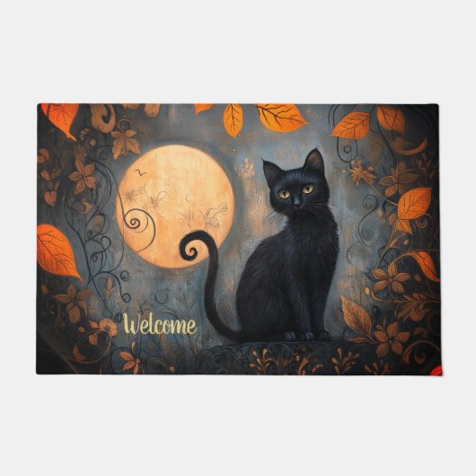 Black Cat Full Moon  Halloween Welkom Deurmat (Voorkant)