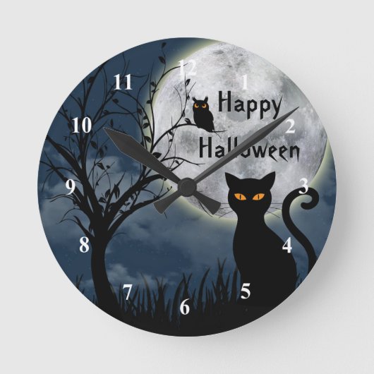 Black Cat Full Moon Owl Halloween Ronde Klok (Voorkant)