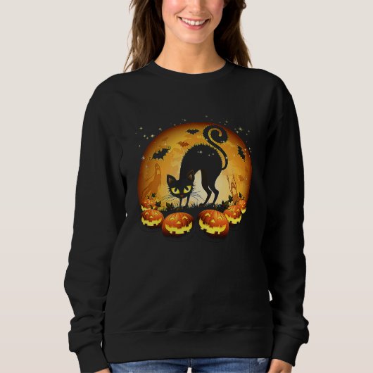 Black Cat Full Moon Scary Pumpkin Halloween T Trui (Voorkant)