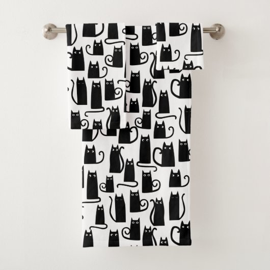 Black Cat Fun Pattern Zwart-wit Bad Handdoek (Insitu)