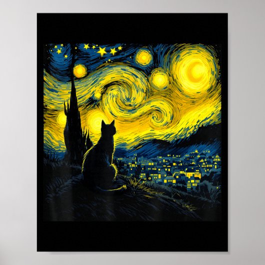 Black Cat Funny Cat Lover Mom Daddy Starry Night V Poster (Voorkant)
