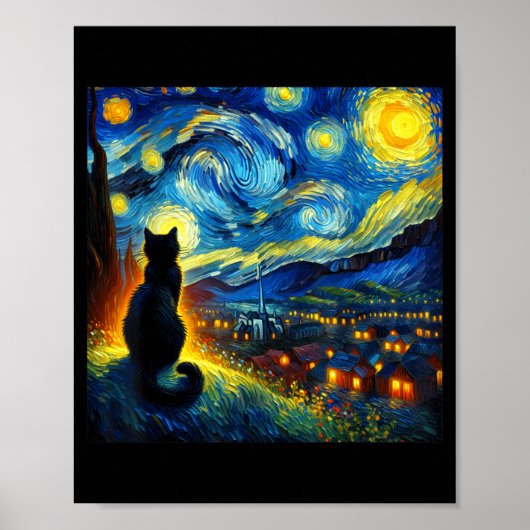 Black Cat Funny Cat Lover Mom Daddy Starry Night V Poster (Voorkant)