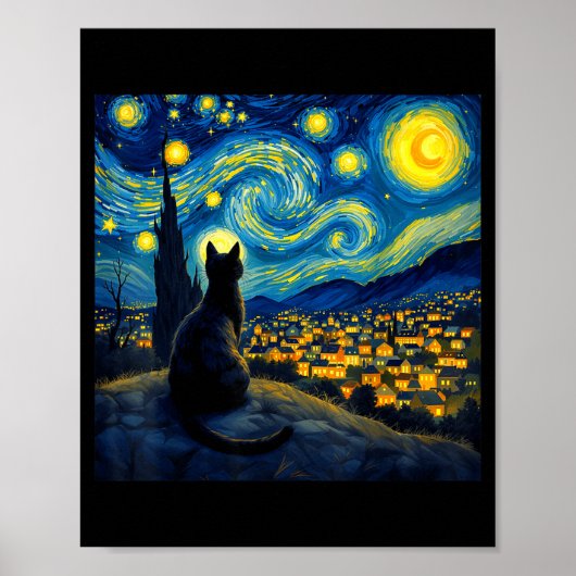Black Cat Funny Cat Lover Mom Daddy Starry Night V Poster (Voorkant)