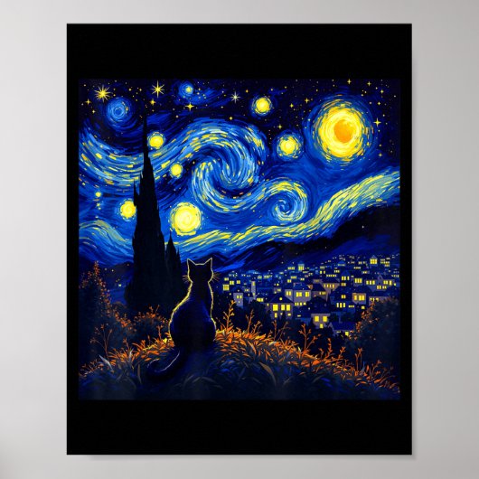 Black Cat Funny Cat Lover Mom Daddy Starry Night V Poster (Voorkant)