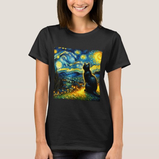 Black Cat Funny Cat Lover Mom Daddy Starry Night V T-shirt (Voorkant)