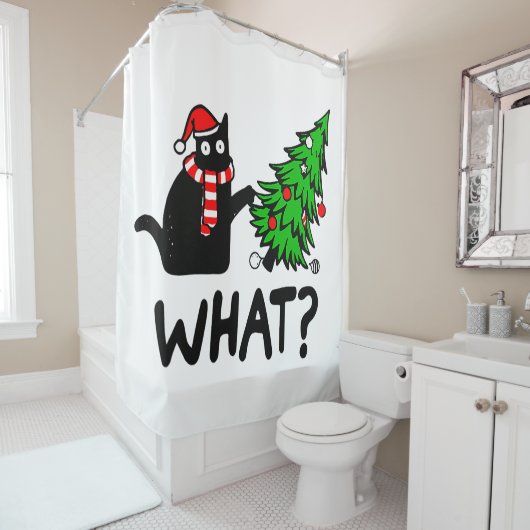 Black Cat Funny Pushing-kerstboom Douchegordijn (In situ)