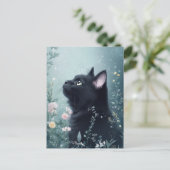 Black Cat Gazing Upward in Magical Flower Garden Briefkaart (Staand voorkant)