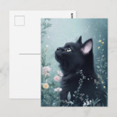 Black Cat Gazing Upward in Magical Flower Garden Briefkaart (Voorkant / Achterkant)