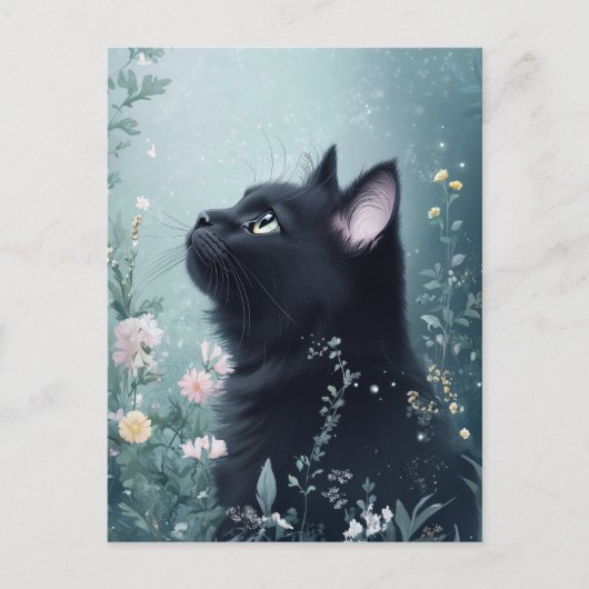 Black Cat Gazing Upward in Magical Flower Garden Briefkaart (Voorkant)