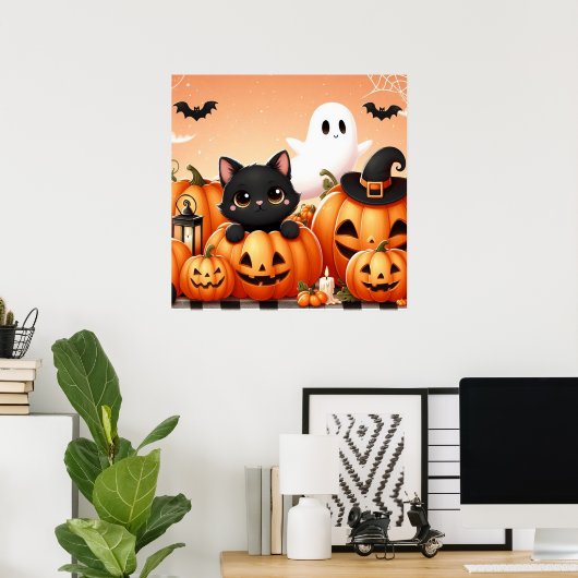 Black Cat, Ghost en Jack-O-Lanterns Poster (Thuiskantoor)