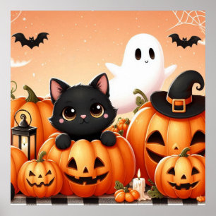 Black Cat, Ghost en Jack-O-Lanterns Poster