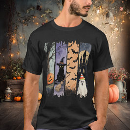 Black Cat, Ghost, Pumpkin, Bats & Haunted House T-shirt