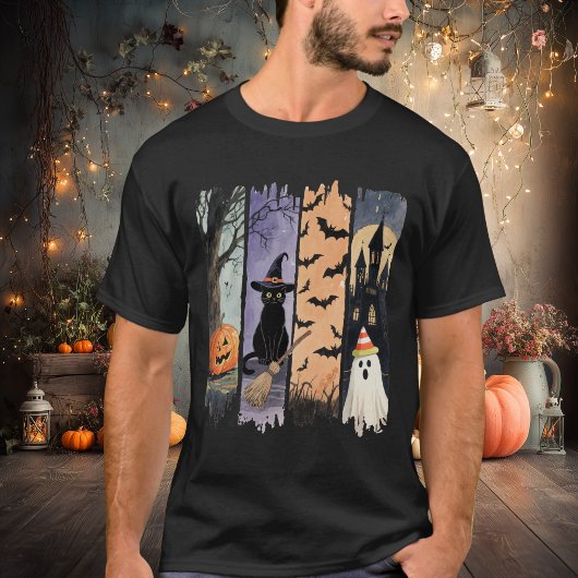 Black Cat, Ghost, Pumpkin, Bats & Haunted House T-shirt