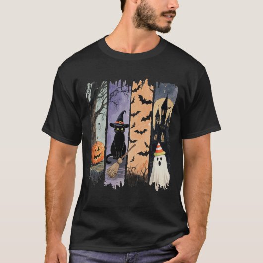 Black Cat, Ghost, Pumpkin, Bats & Haunted House T-shirt (Voorkant)